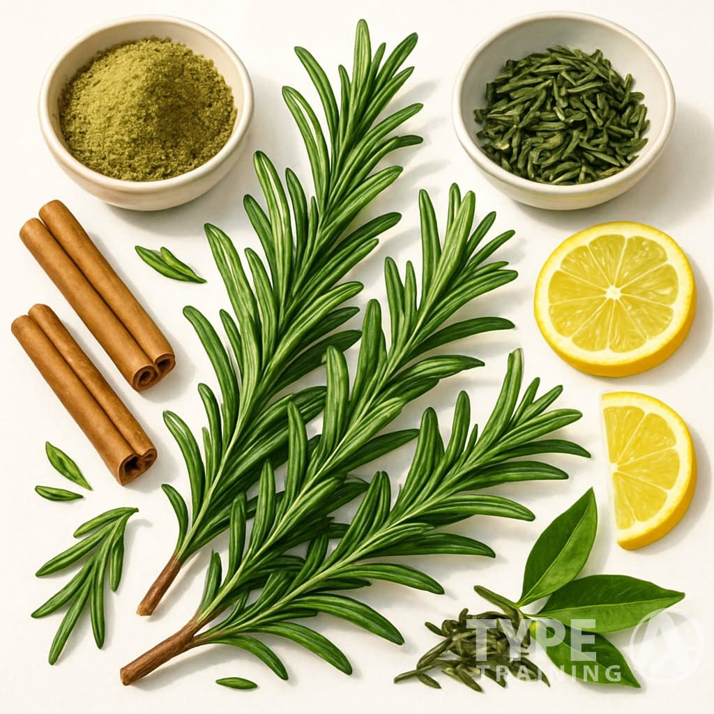Fresh rosemary sprigs with bowls of ground rosemary and other herbs and spices arranged on a white surface.