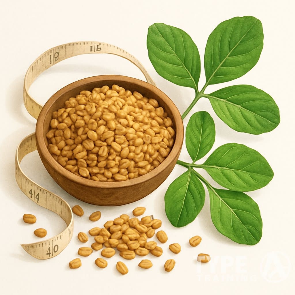 Fenugreek seeds in a wooden bowl with fresh fenugreek leaves beside it and a measuring tape symbolizing weight loss.