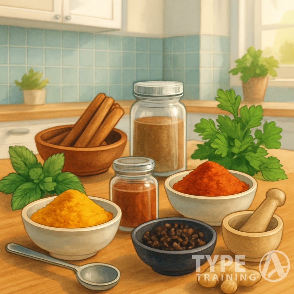 An assortment of spices and herbs arranged on a kitchen countertop with bowls, jars, and a mortar and pestle.