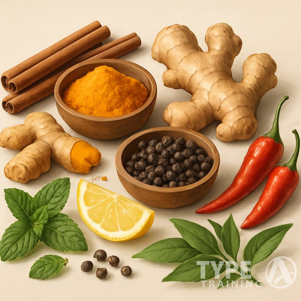 An arrangement of various spices and herbs including cinnamon, turmeric, ginger, cayenne peppers, black peppercorns, green tea leaves, mint, and lemon slices on a neutral surface.