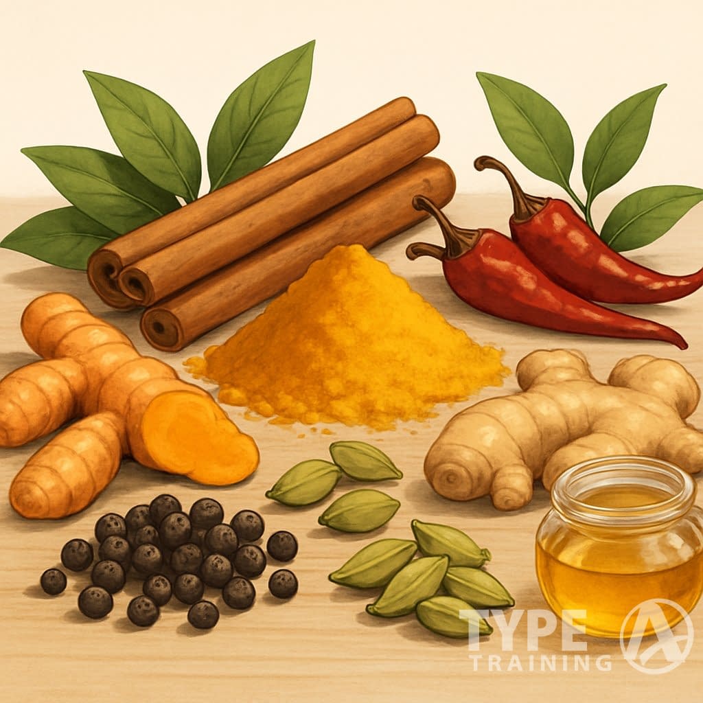 An arrangement of various natural spices including turmeric, cinnamon sticks, chili peppers, ginger, black peppercorns, and cardamom on a wooden surface with green leaves and a small jar of honey.