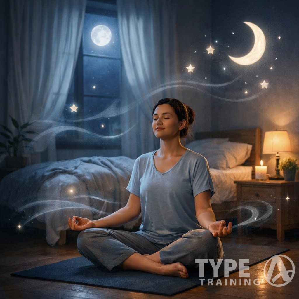 A person practicing yoga in a peaceful bedroom at night, surrounded by calming symbols like stars and a crescent moon.