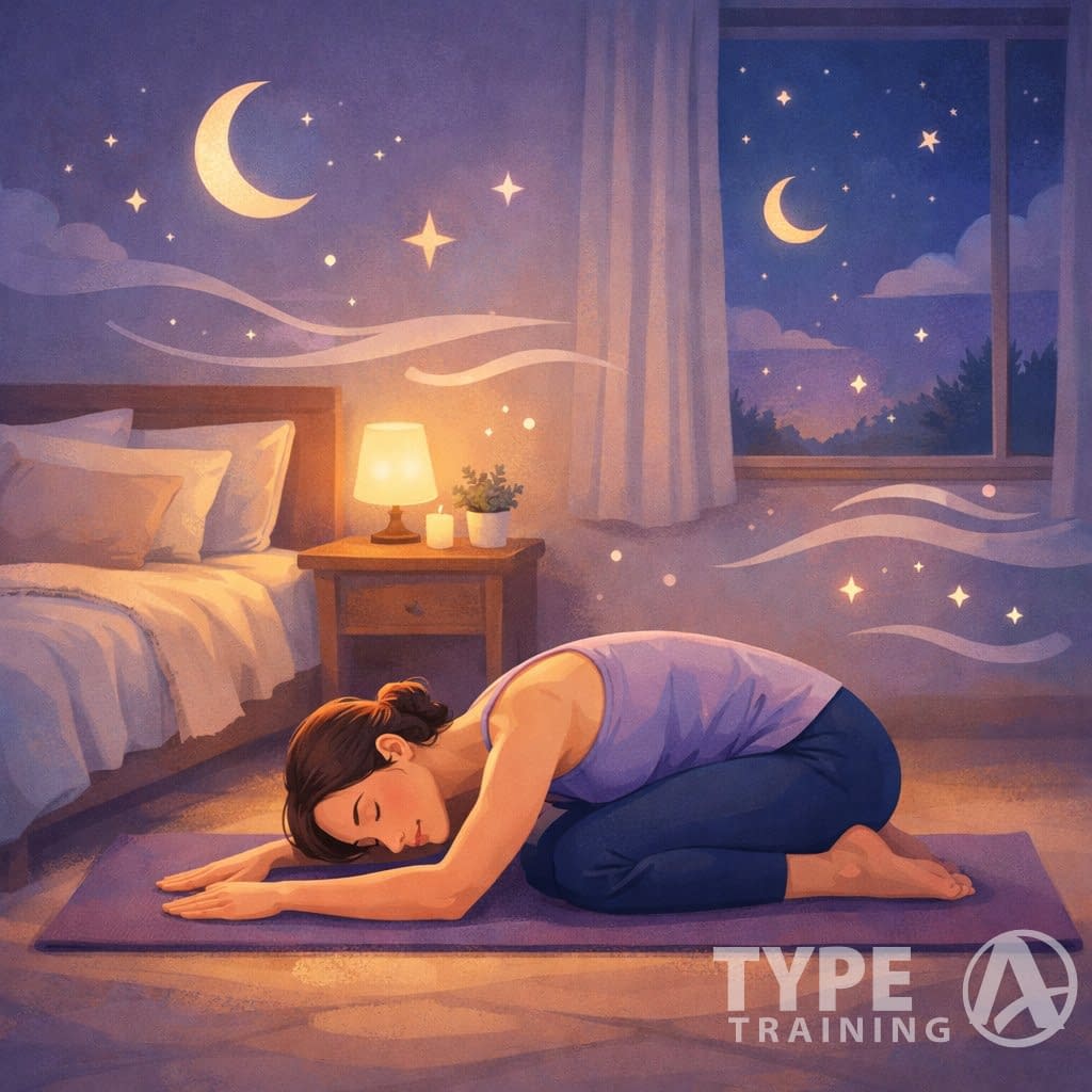 A person doing a gentle yoga pose on a mat next to a bed in a softly lit bedroom at night, surrounded by calming symbols like stars and moons.