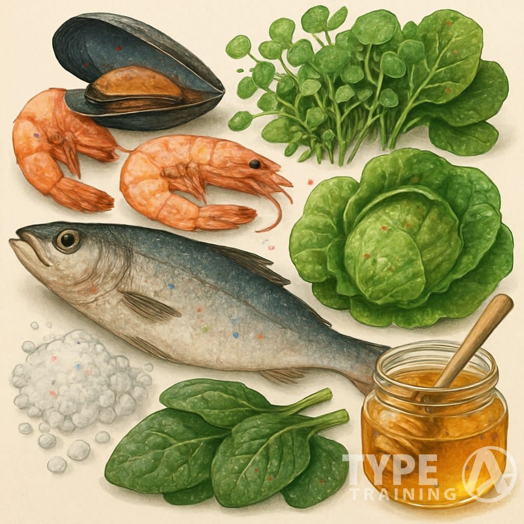 A detailed illustration showing fish, shellfish, leafy vegetables, salt crystals, and honey with tiny colorful microplastic particles embedded within them.