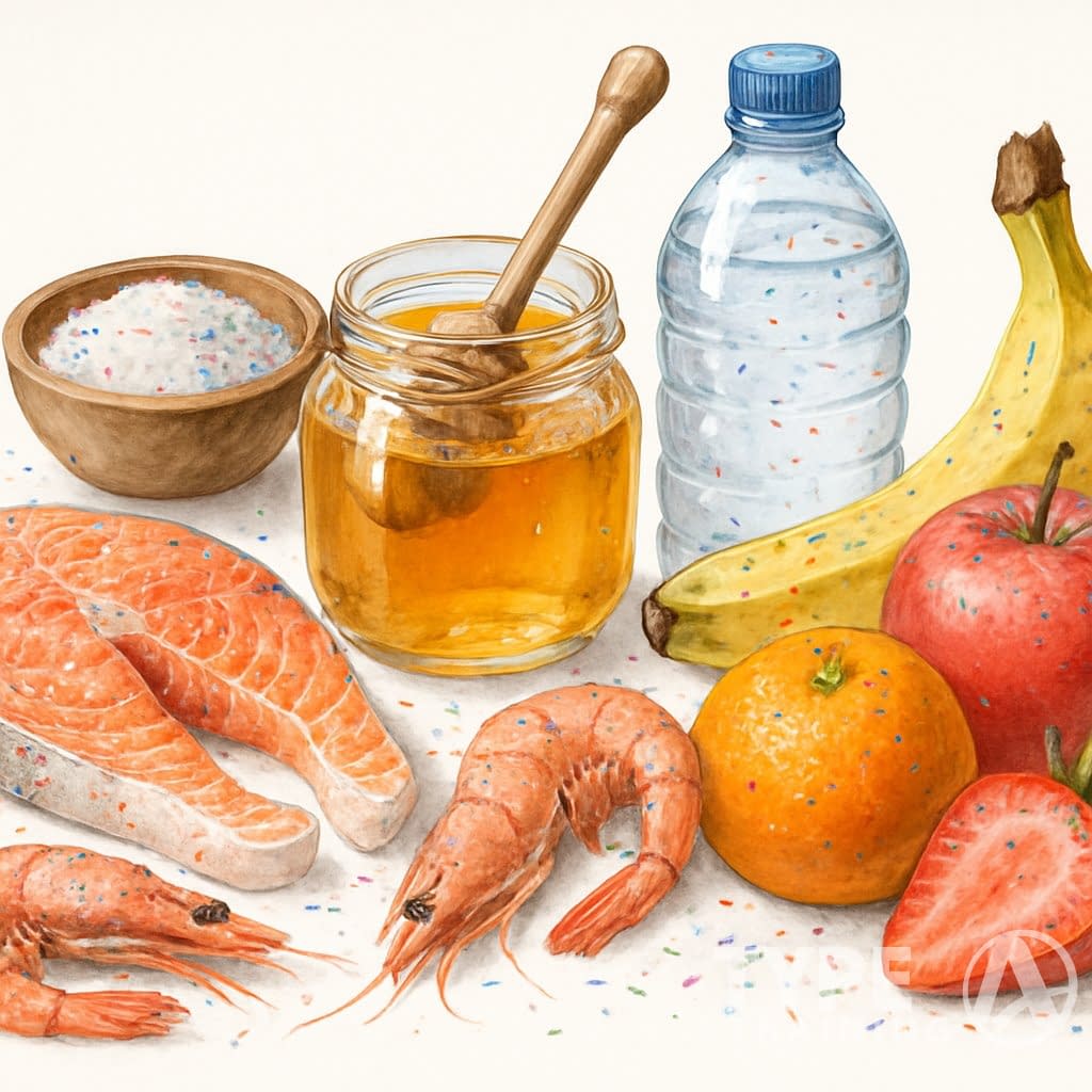 Various foods including seafood, salt, honey, bottled water, and fruits shown with tiny microplastic particles scattered on and around them.