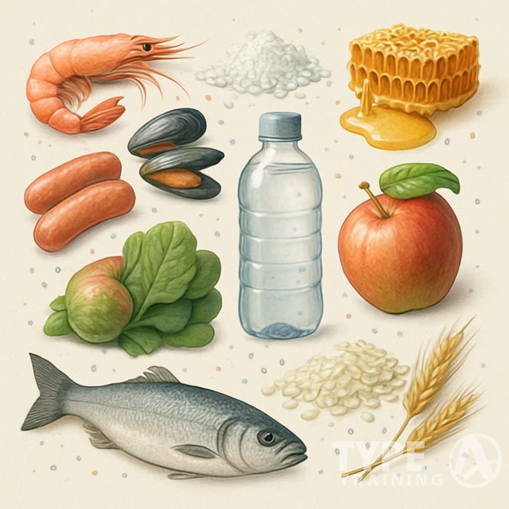 An illustration showing ten different foods including seafood, salt, bottled water, honey, processed meats, fruits, vegetables, and grains, with tiny particles near them representing microplastic contamination.
