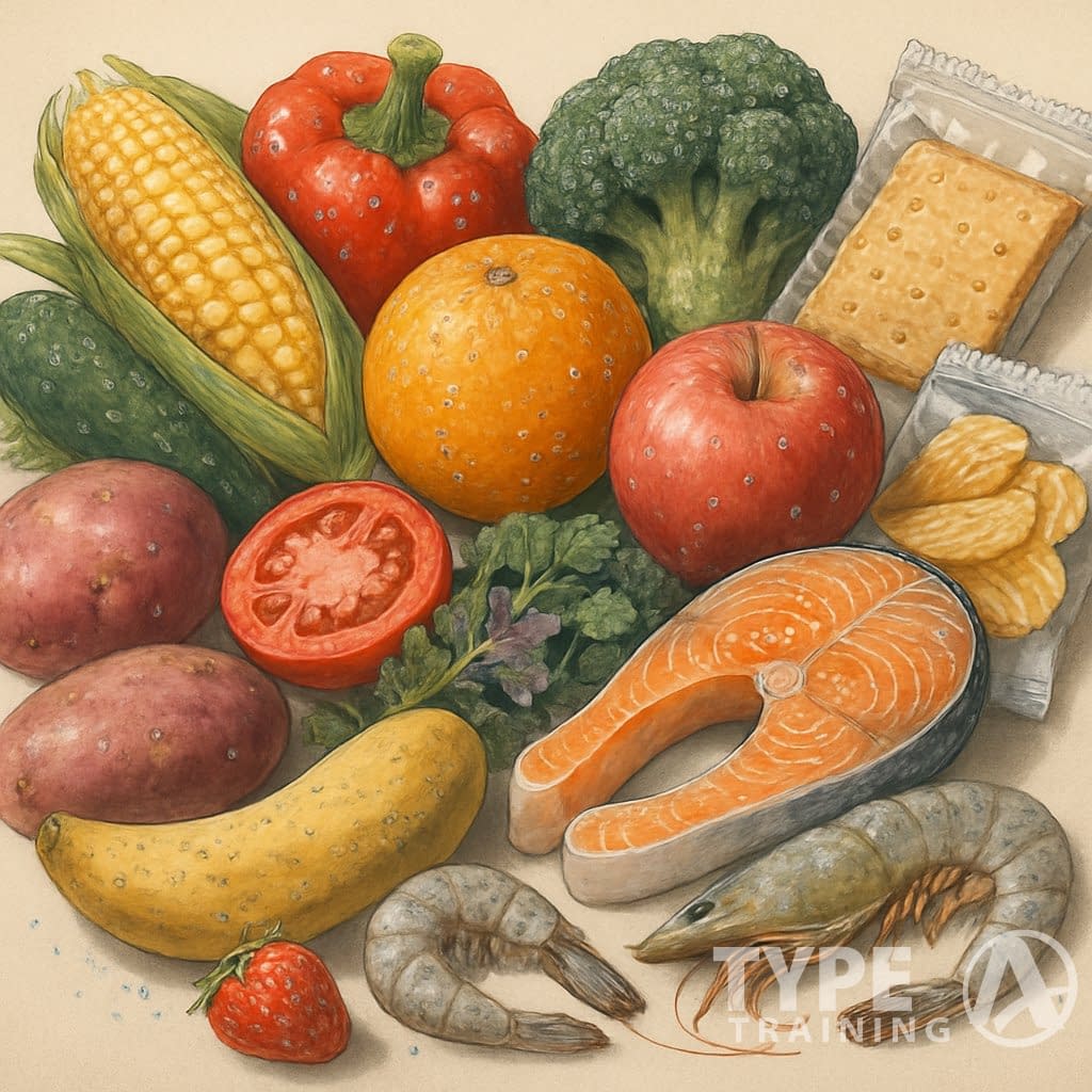 Various common foods including fruits, vegetables, seafood, and snacks with tiny microplastic particles visibly embedded in and around them.