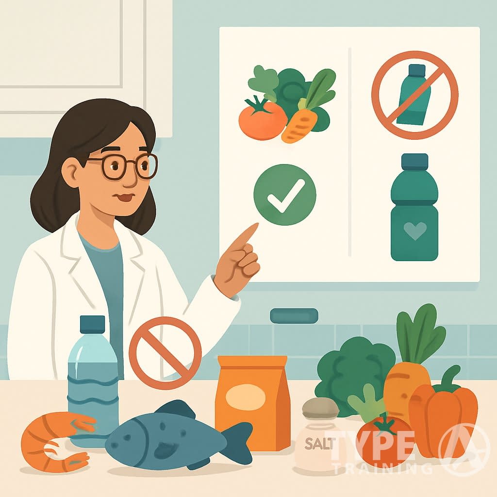 A kitchen counter displaying various foods including seafood, bottled water, and fresh fruits, with an expert pointing to a chart about reducing microplastic intake.