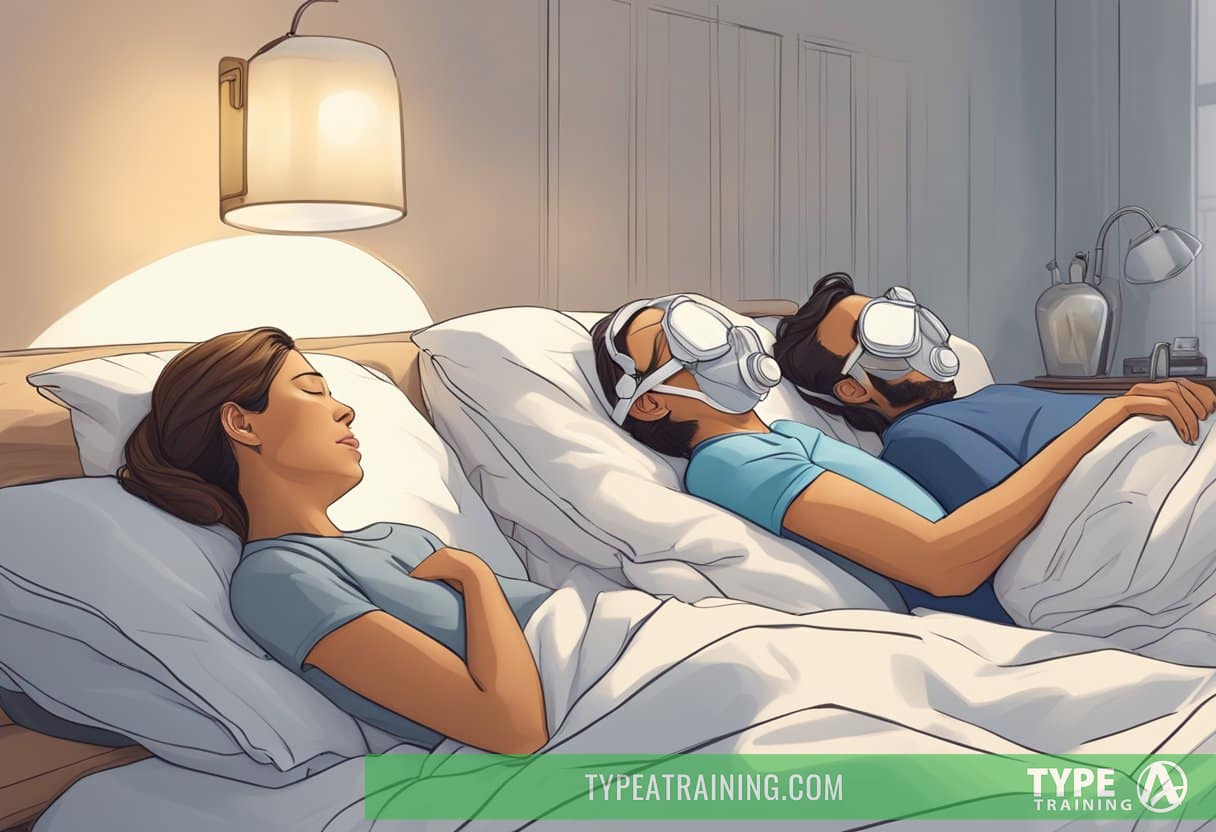 A couple sleeping peacefully in bed, with one partner wearing a CPAP mask, while the other partner looks on with relief and gratitude