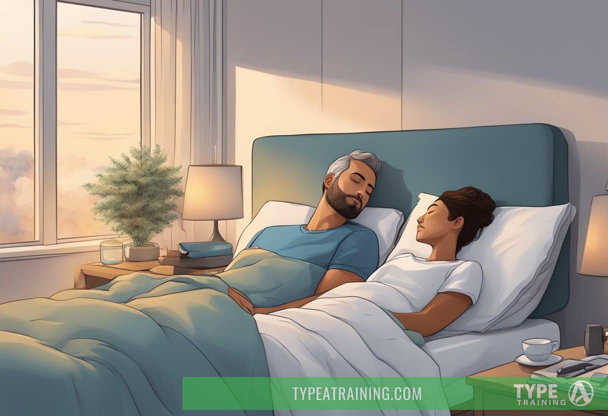 A couple sleeping peacefully in bed, with a CPAP machine on the nightstand and a sense of contentment in the air