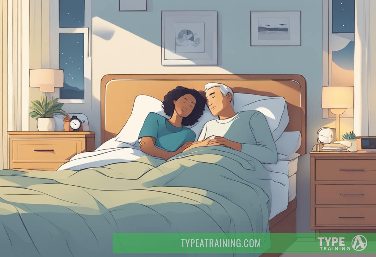 A couple peacefully sleeping in bed, with a CPAP machine on the nightstand, symbolizing the positive impact of sleep apnea treatment on relationships