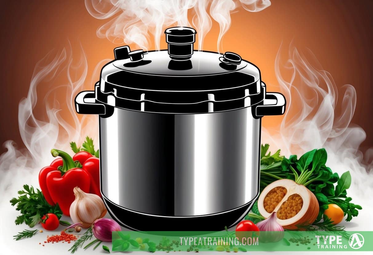 A pressure cooker surrounded by fresh ingredients and steam, emitting a delicious aroma