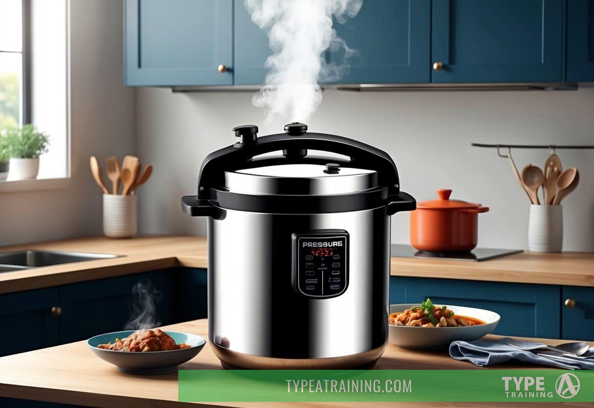 A pressure cooker sits on a modern kitchen counter, steam escaping from the top as it cooks a hearty meal