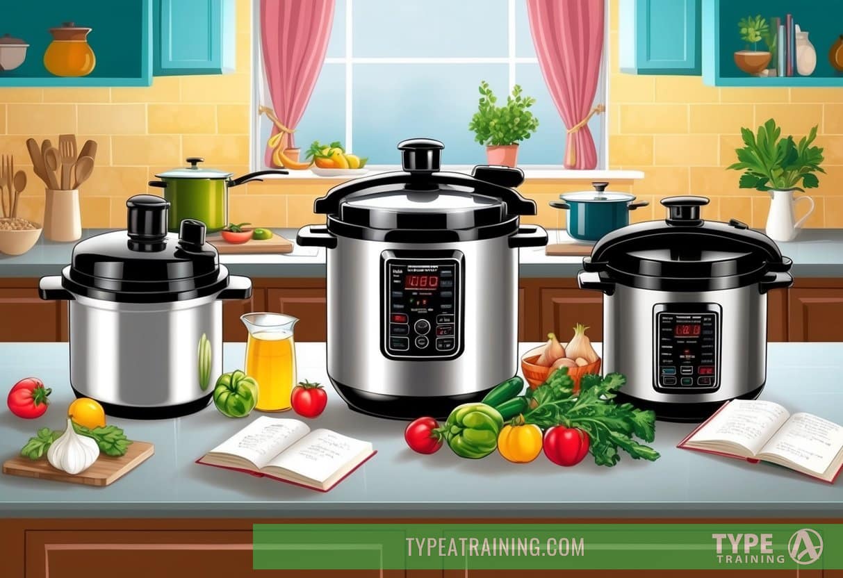 A kitchen scene with various pressure cookers on a countertop, surrounded by fresh ingredients and recipe books