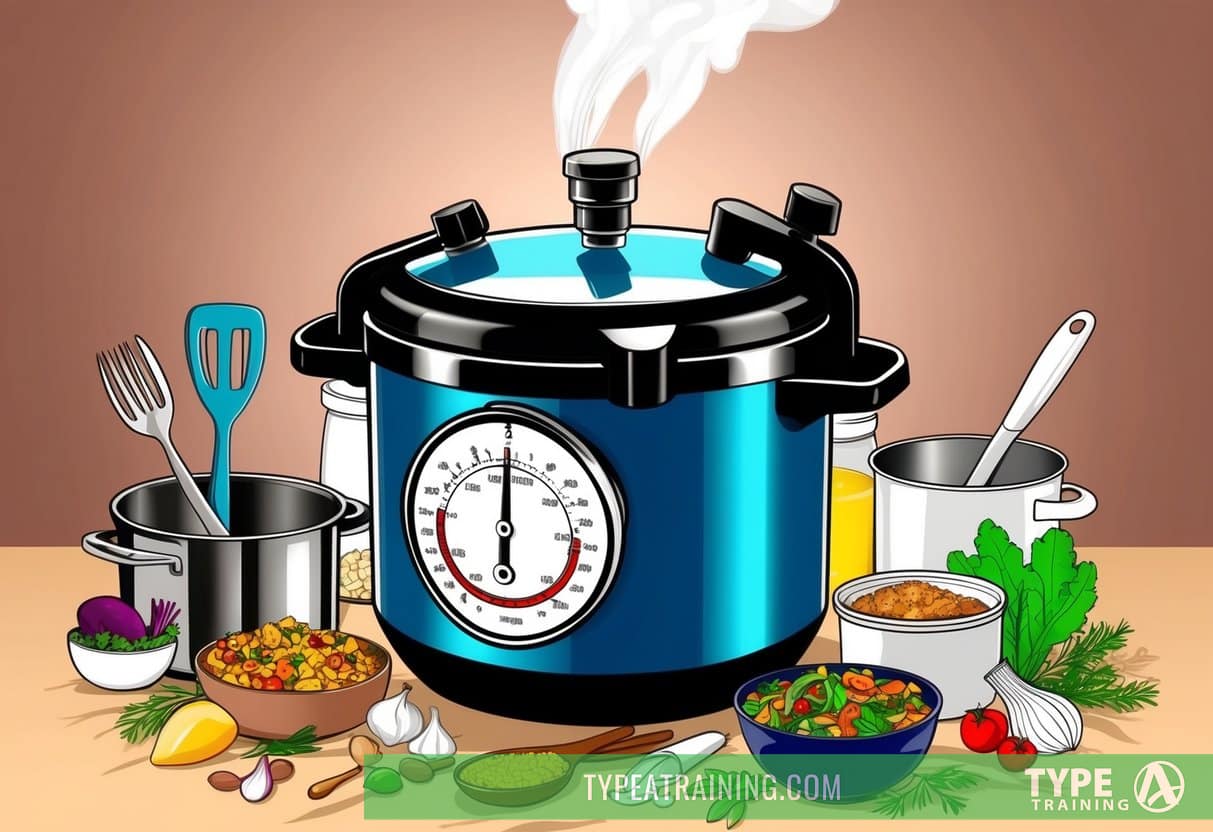 A pressure cooker surrounded by various kitchen utensils and ingredients, with steam rising from the top
