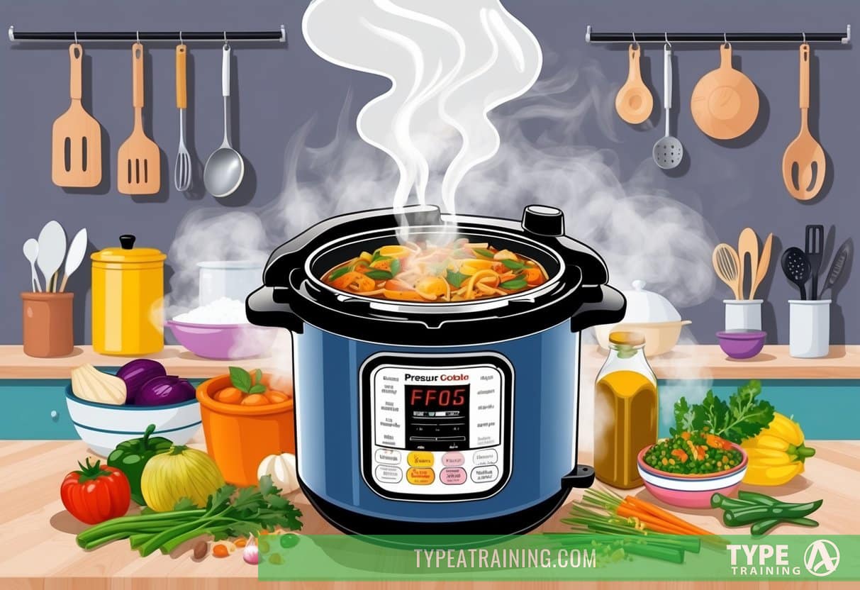 A pressure cooker surrounded by various ingredients and kitchen utensils, steam rising from the pot as it cooks a healthy and delicious meal