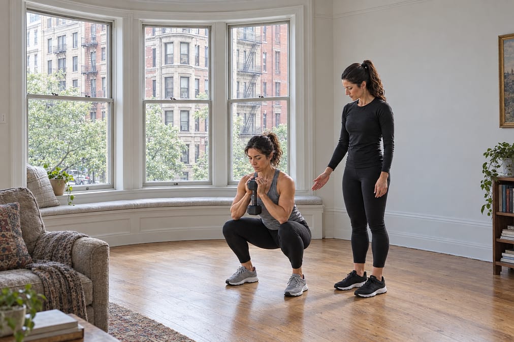 A personal trainer coaching a client by the bay window of a prewar Upper West Side apartment.