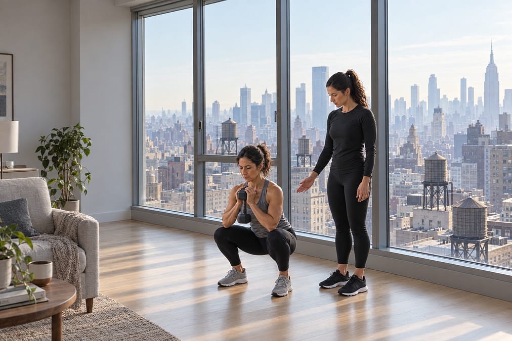 A personal trainer coaching a client in a Williamsburg loft with the Manhattan skyline across the East River.