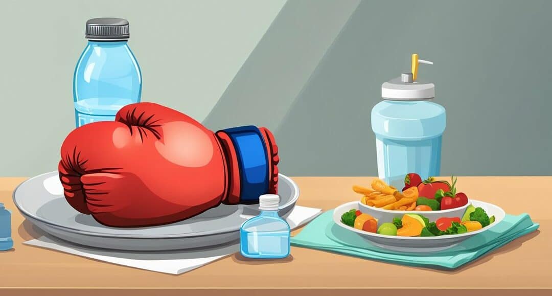 a boxing glove on a plate with food and water