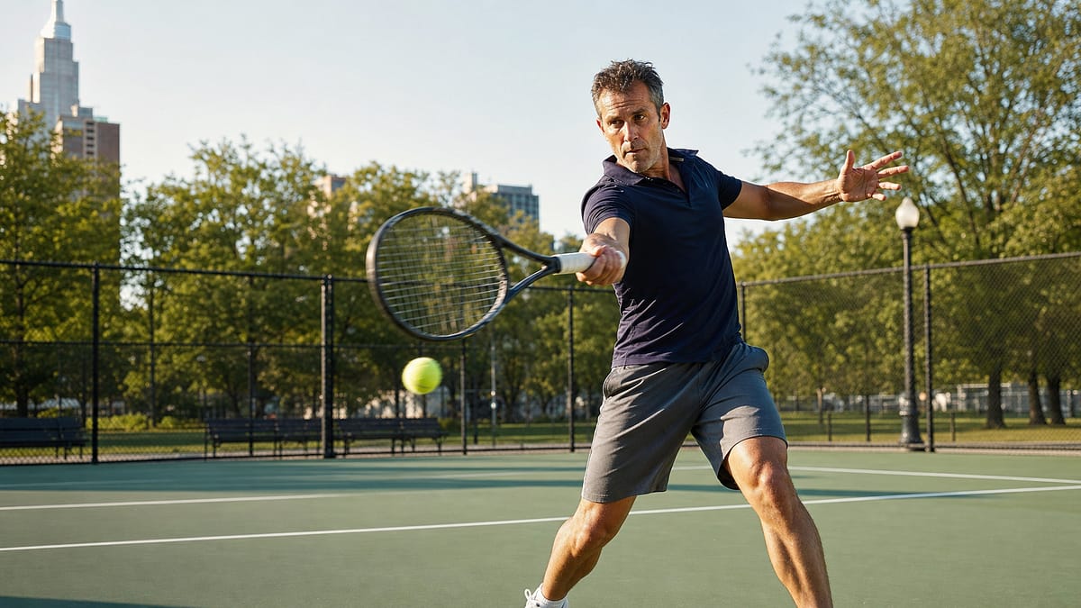Athletic man in his 40s playing tennis on an outdoor court in Manhattan
