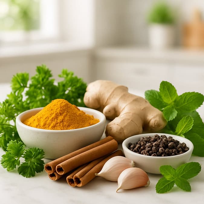 a group of spices and herbs on a counter