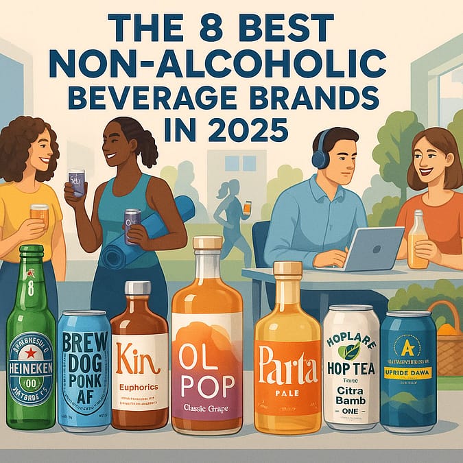 a group of people standing around a table with bottles of beverage