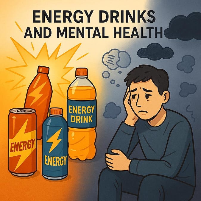 a man sitting next to several energy drinks