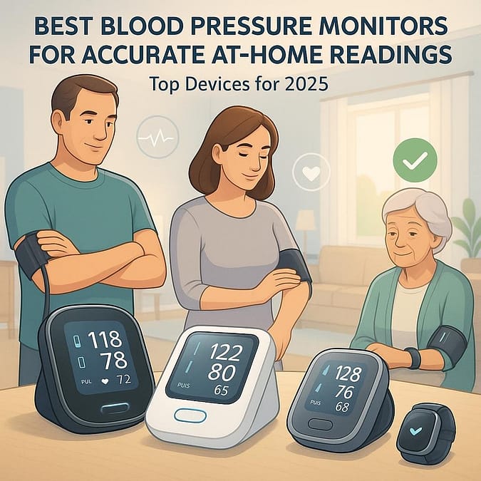 a group of people standing next to a table with digital blood pressure monitors