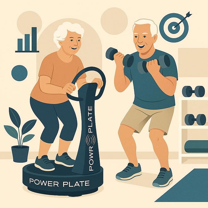 an old man and woman exercising