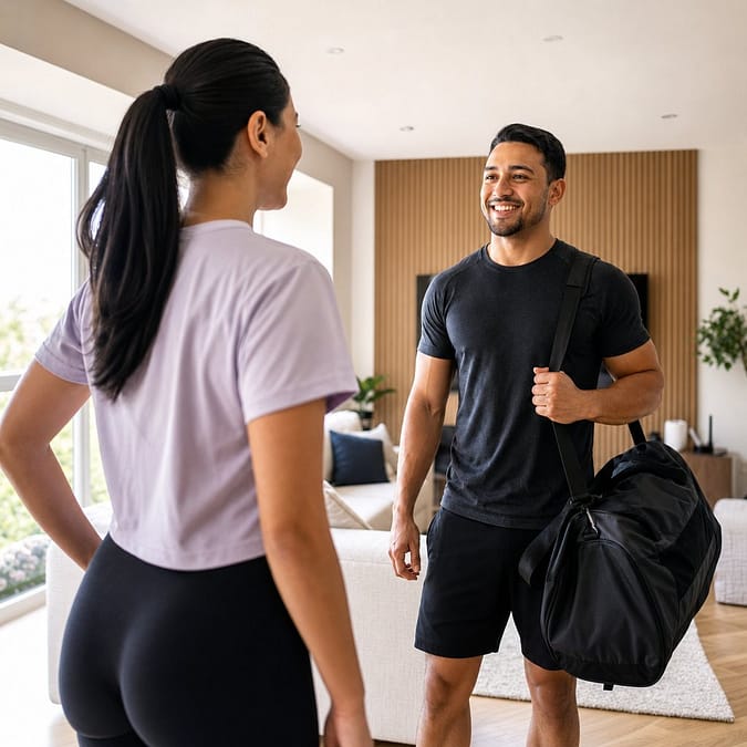 In-home personal trainer arriving for a session in Manhattan