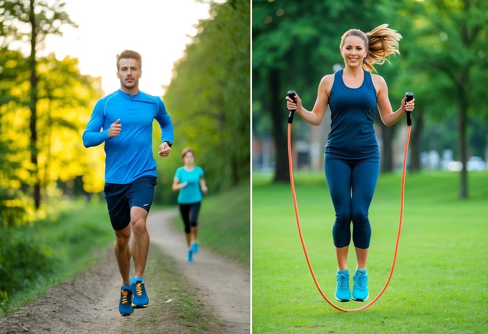 a man and woman running with a jump rope
