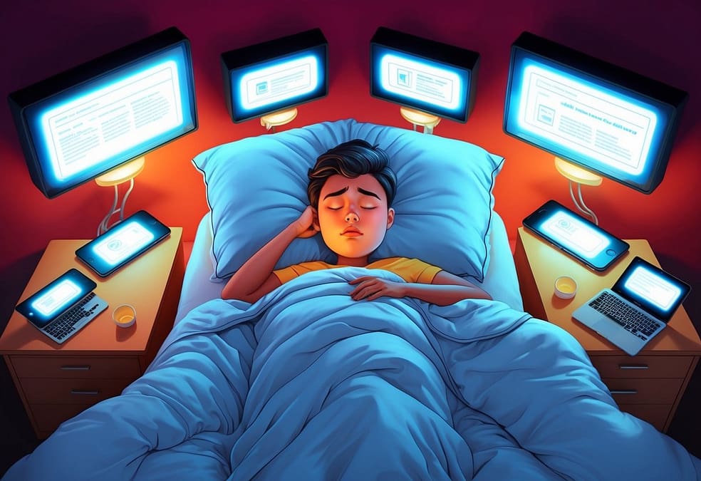 a boy sleeping in bed with multiple computer screens around him