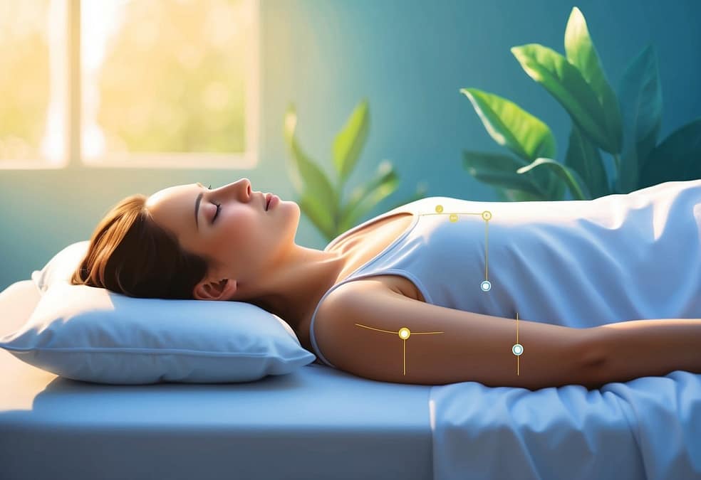 a woman lying on a bed, pressure point are highlighted on her body