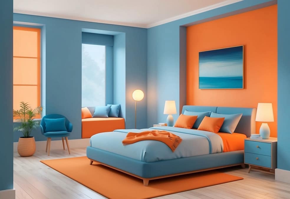 a bedroom with blue and orange walls