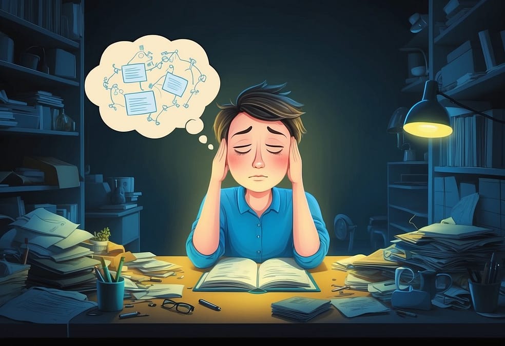 a man sitting at a desk with his head in his hands