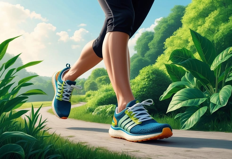 a person walking on a path with plants and trees