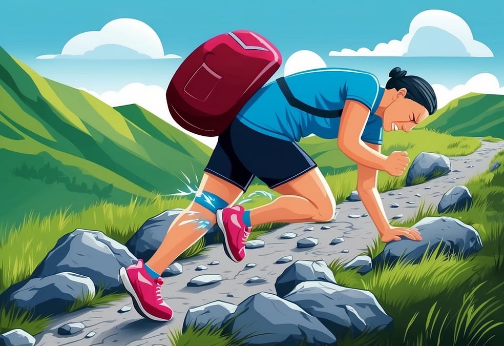 a woman with a backpack climbing a rocky path