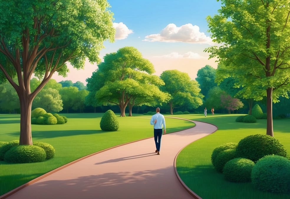a man walking on a path in a park