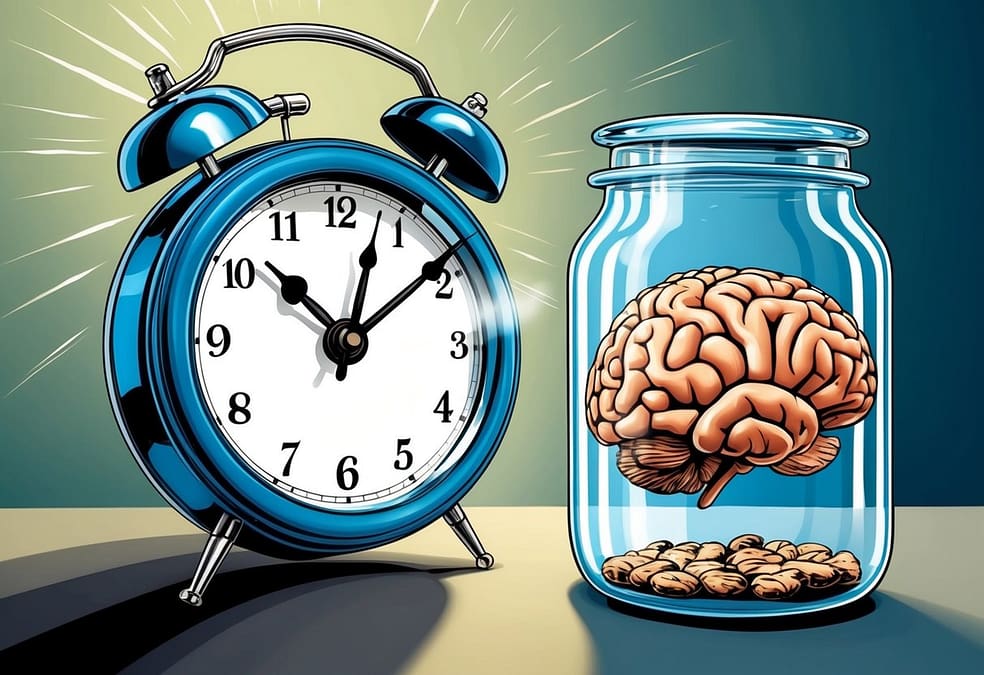 a clock and a jar with a brain inside