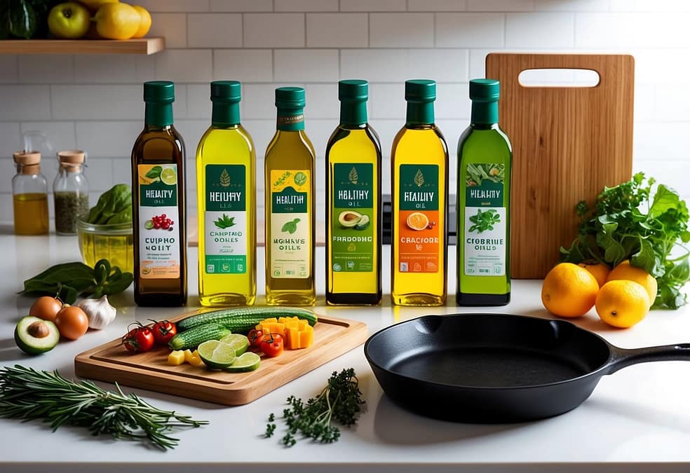 a group of bottles of oil and vegetables on a counter