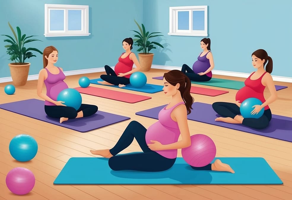 a group of pregnant women sitting on mats with exercise balls