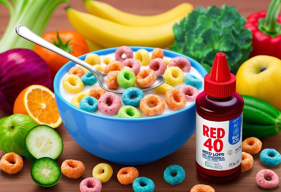 a bowl of cereal with a spoon and a bottle of red liquid
