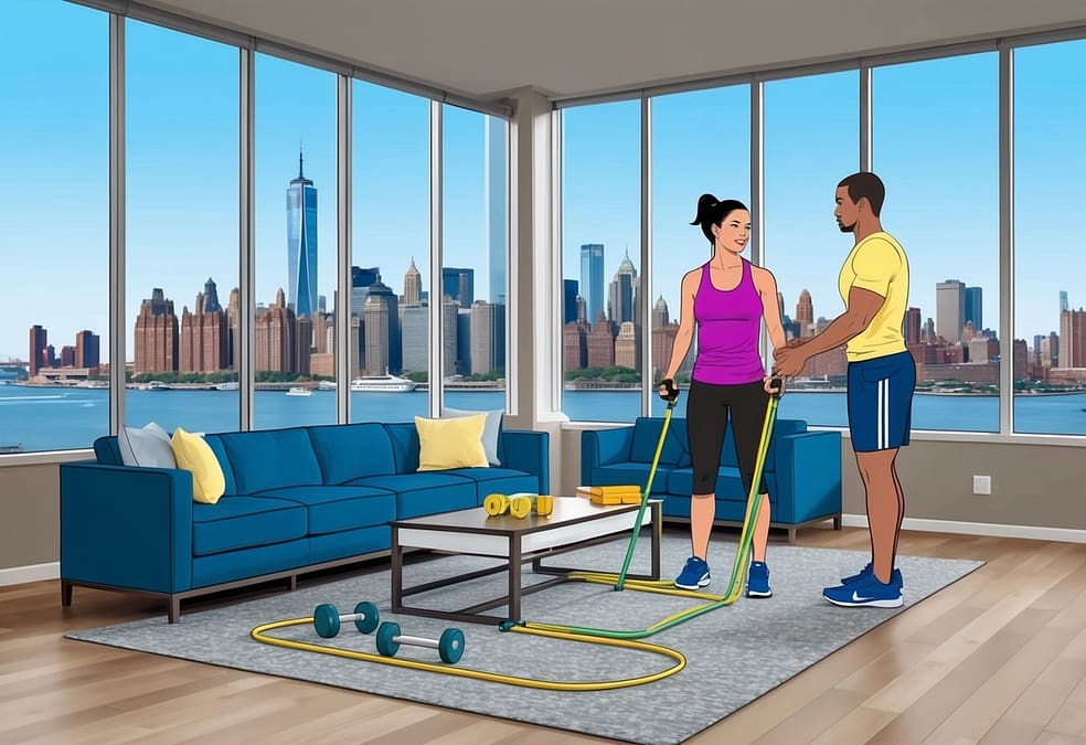 a man and woman in a room with a large window