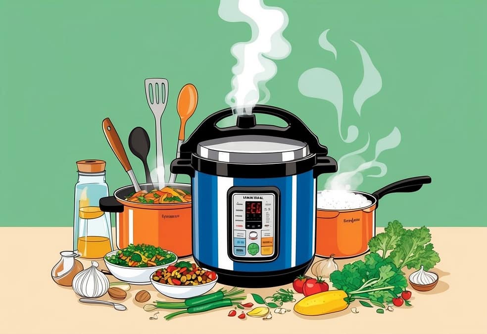 a pressure cooker with various food items on a table