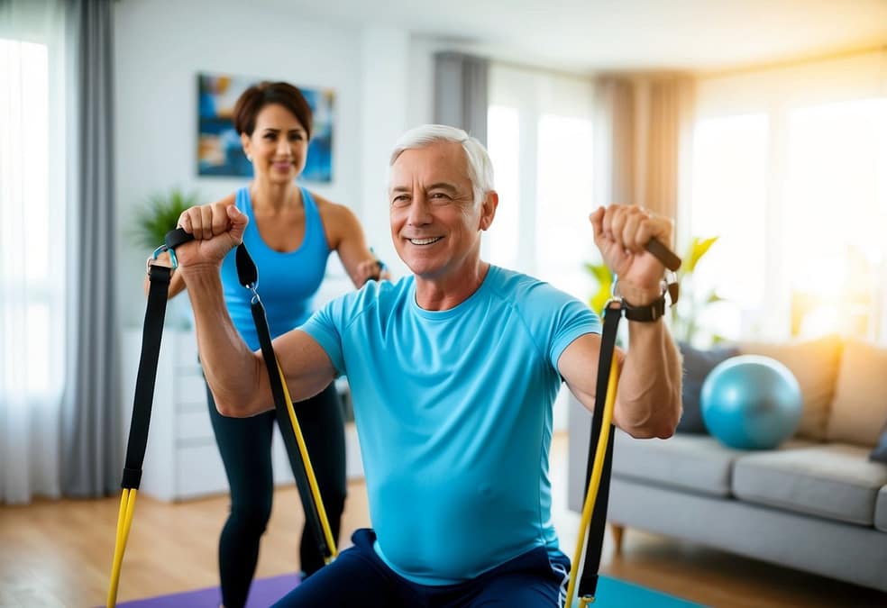 In Home Personal Trainer for Seniors, a man and woman exercising with straps,
