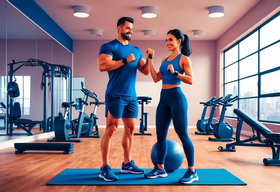 a man and woman flexing their arms in a gym,