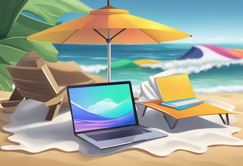 a laptop and chair on a beach
