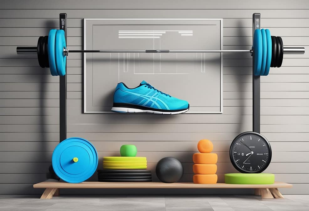 a barbells and weights on a shelf, running sneaker