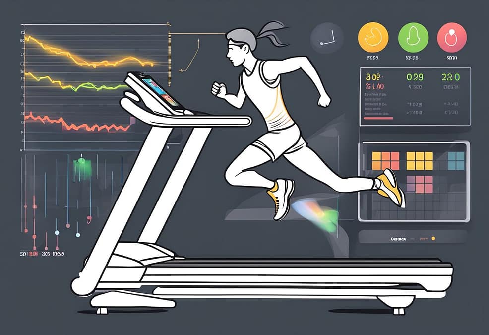 A person wearing a heart rate monitor while running on a treadmill, with a digital display showing their heart rate and various exercise statistics