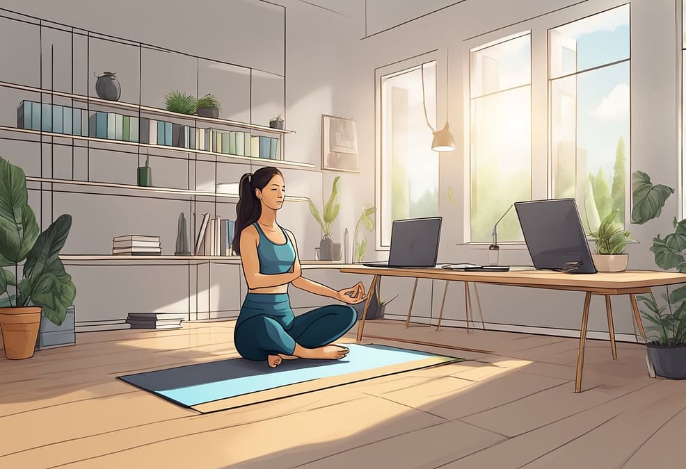 a woman sitting on a mat in front of a computer, sun rising as she does Morning Yoga Stretches